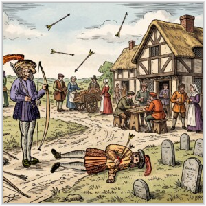 AI generated image. A medieval scene depicts an archer, a fallen man with arrows, villagers, and a tavern with gravestones.