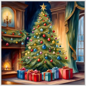 A festive, illustrated scene of a decorated Christmas tree with colorful ornaments and a gold star, surrounded by wrapped gifts next to a glowing fireplace.