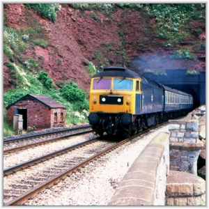 A blue and yellow British Rail diesel locomotive emerges from a tunnel cut into red sandstone cliffs, passing a small brick trackside hut.