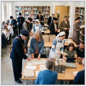 AI generated image. A diverse group of people, some in historical costumes, engage in various activities in a modern library setting.