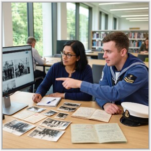 AI generated image. Two people examine historical documents and photos on a desk and computer screen in a library.