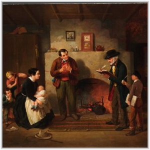 A 19th-century painting depicting a census taker recording family information in a ledger while a father counts on his fingers and a mother cradles a baby in their home.