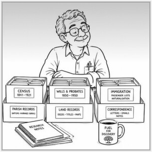 A cartoon illustration of a smiling man sitting behind organized boxes of family history records, including census, parish, wills, land, immigration, and correspondence, next to a research notebook and coffee mug.