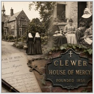 A historical photomontage featuring the Clewer House of Mercy near Windsor, showing nuns outside the Victorian building, women doing needlework, an admission register, and a plaque reading "Clewer House of Mercy Founded 1850.