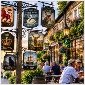 A wooden post displays various traditional British pub signs, including The White Swan, Royal Oak, and The Ship, outside a picturesque stone pub with patrons sitting in the sun.