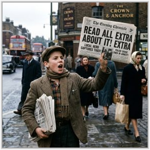 A young paperboy in mid-20th-century attire shouts on a bustling London street while holding up a newspaper with the headline reading "READ ALL ABOUT IT!".
