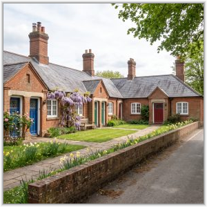 AI generated image. A row of charming brick cottages with colorful doors and blooming gardens lines a tree-lined road.