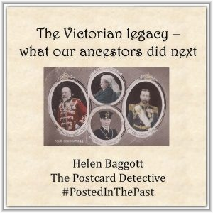 An event graphic titled "The Victorian legacy – what our ancestors did next" featuring a vintage postcard of four generations of British royalty alongside text for speaker Helen Baggott, The Postcard Detective.