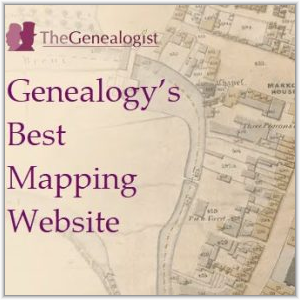 Promotional graphic for TheGenealogist featuring a vintage map background and purple text reading "Genealogy's Best Mapping Website.
