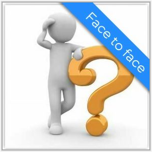 A white figure thoughtfully scratching its head while leaning against a large orange question mark, with a blue banner reading "Face to face" across the upper right corner.