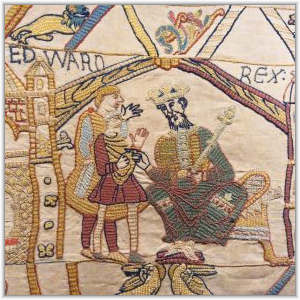Detail of the Bayeux Tapestry depicting King Edward the Confessor seated on a throne with a scepter while conversing with two men.