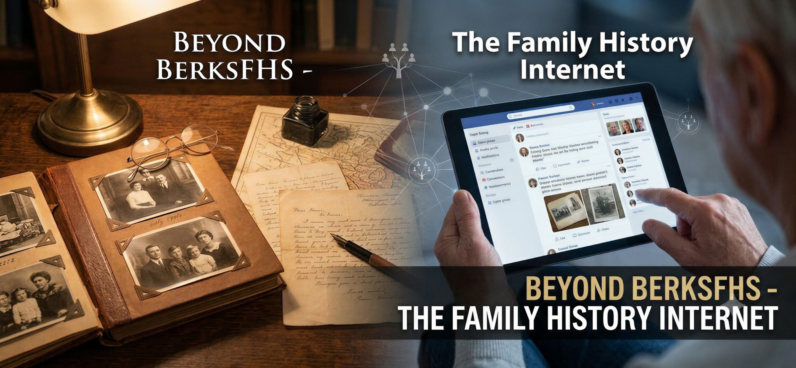 A split-screen graphic contrasting traditional genealogy research using old photos and letters on a desk with modern digital research on a tablet, connected by a digital family tree network, with the text "Beyond BerksFHS - The Family History Internet.