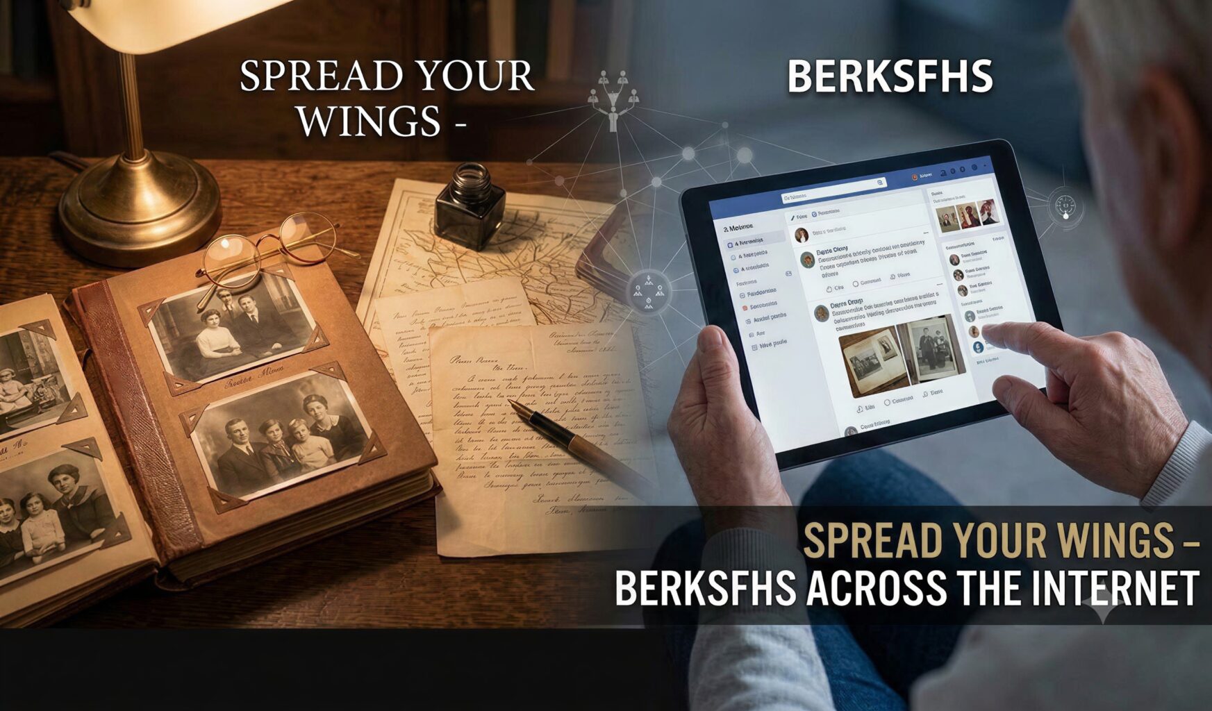 A split-screen graphic contrasting traditional family history research using old photos and letters with modern digital genealogy on a tablet, featuring the text "Spread Your Wings - BerksFHS Across the Internet.