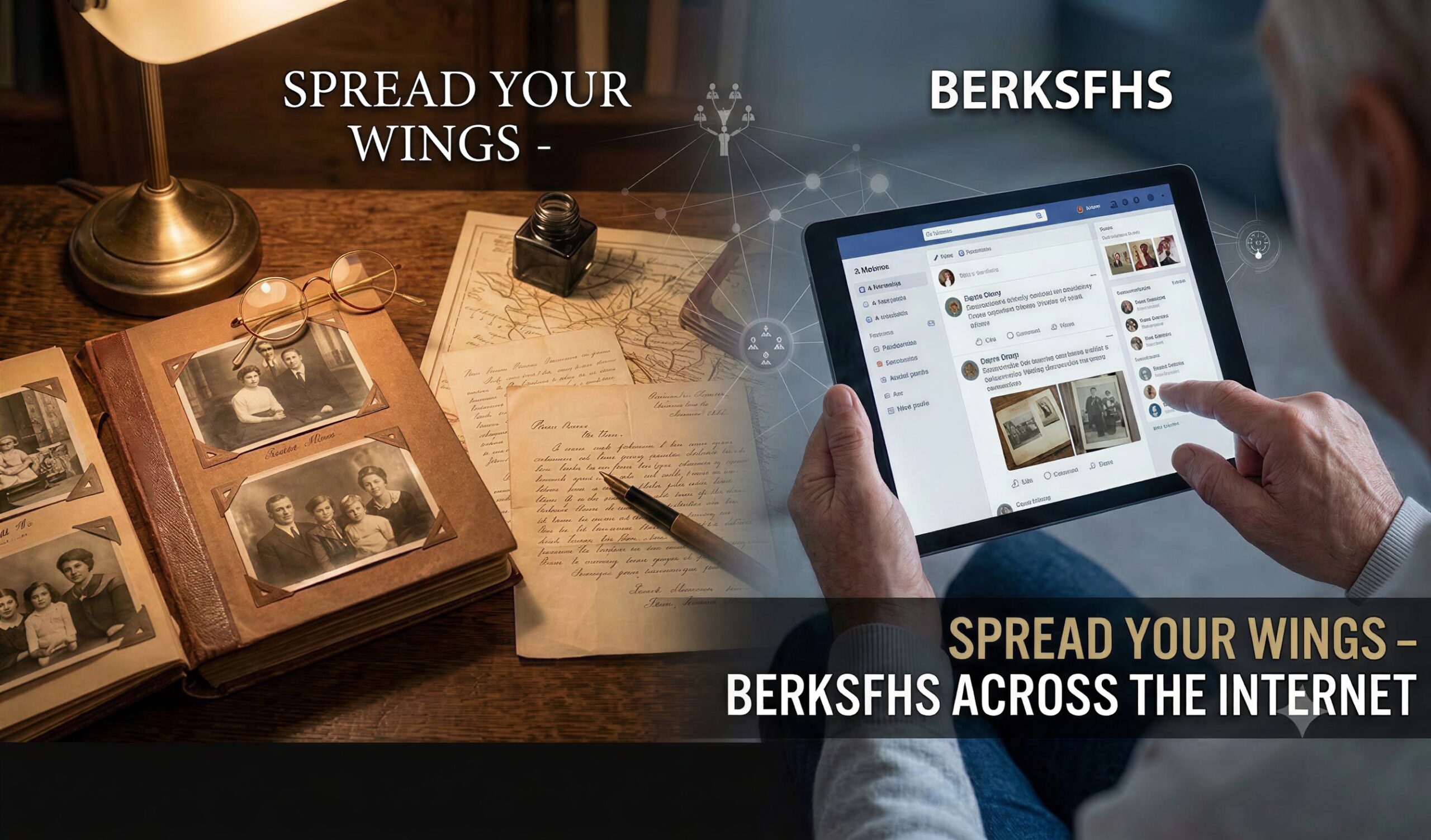 A split-screen graphic contrasting traditional family history research using old photos and letters with modern digital genealogy on a tablet, featuring the text "Spread Your Wings - BerksFHS Across the Internet.
