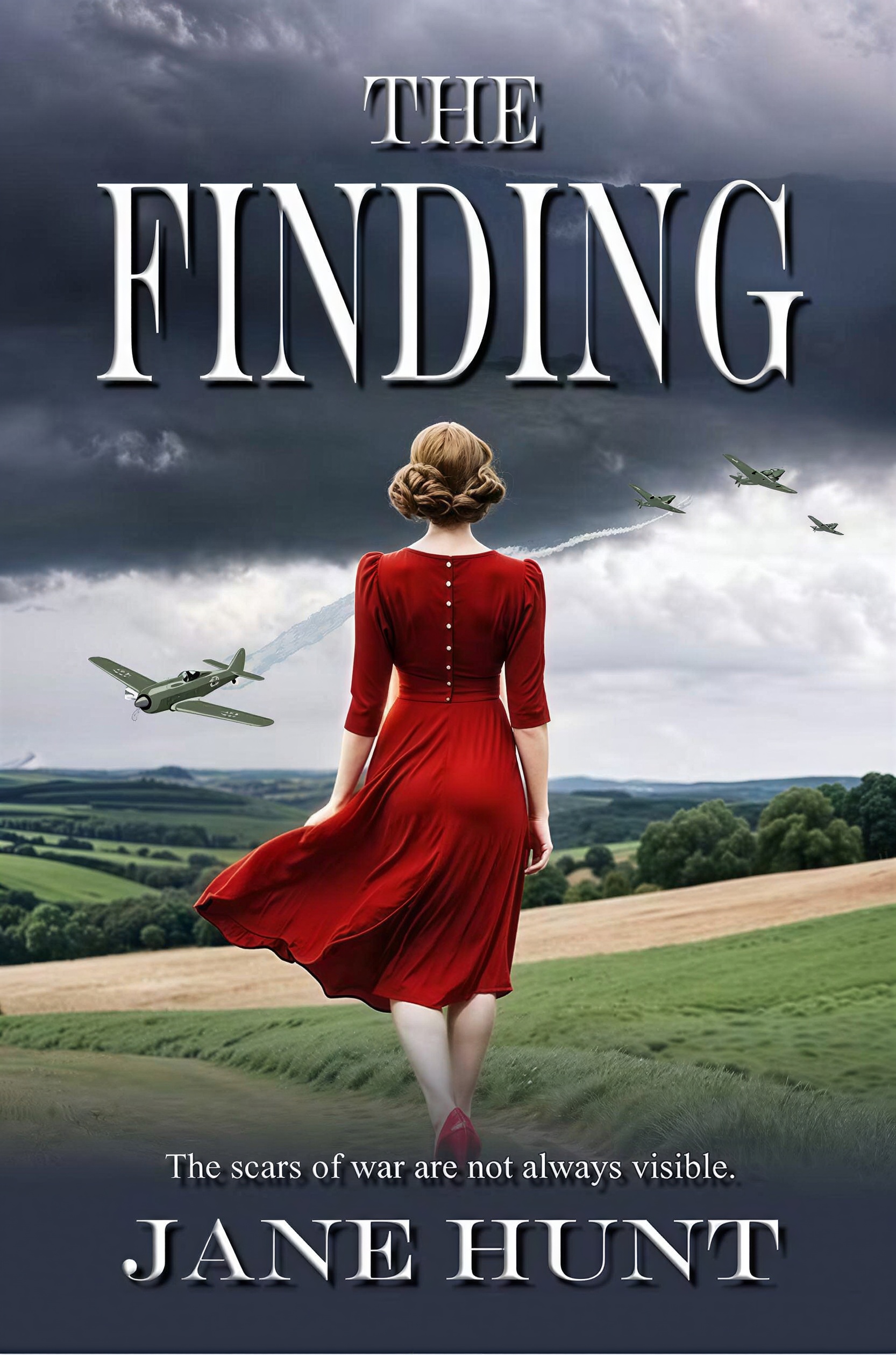 Book cover: a young woman in a blood red dress and red shoes walks across rolling fields. In the background a Word War 2 German fighter us about to crash